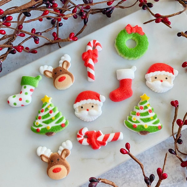 Assortiment de décorations pour cupcakes ou gâteaux en sucre comestible HOLLY JOLLY CHRISTMAS - 12 pièces - Père Noël, couronne, bas, renne, arbre, canne en bonbon