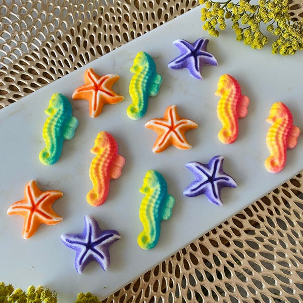 STARFISH and SEAHORSE Under The Sea Edible Sugar (12 Pieces)  Cupcake or Cake Toppers by Lucks - for Birthday, Ocean - Themed Parties