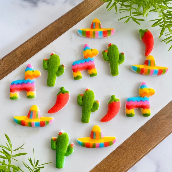 FIESTA CELEBRATION EDIBLE Sugar (12 or 24 Pieces)  Cupcake or Cake Toppers by Lucks- Cactus, Piñata, Chili, Sombrero Mexican Summer Party