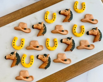 WESTERN COWBOY EQUESTRIAN Edible Sugar (12 or 24 Pieces)  Cupcake or Cake Toppers by Lucks - Horse, Cowboy Hat, Horseshoe Equestrian Party