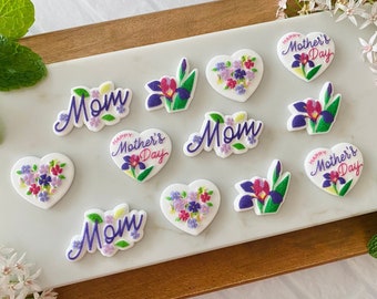 MOM MOTHER'S DAY Edible Sugar Decorations - 12 Pieces Cupcake or Cake Toppers - Happy Mother's Day Floral Decorations
