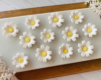 WHITE DAISIES Gum Paste Flower Assortment - 12 Pieces Cupcake or Cake Toppers for Birthdays, Weddings, Mother's Day, or Spring Party