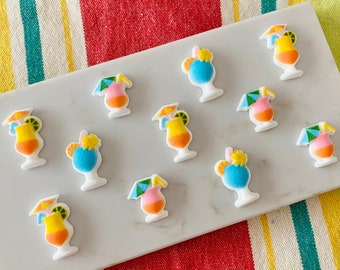 TROPICAL COCKTAIL DRINKS Edible Sugar Decorations - 12 Pieces - for Birthdays, Summer or Tropical Themed Parties