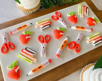 BACK TO SCHOOL Edible Sugar Decorations - 12 Pieces for Cakes, Cupcakes, etc. Books, Apples, Pencils, Scissors, Teacher Appreciation Toppers