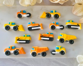 CONSTRUCTION ASSORTMENT Edible Sugar Decorations - Steam Roller, Dump Truck, Front Loader, Bulldozer - 12 Pieces