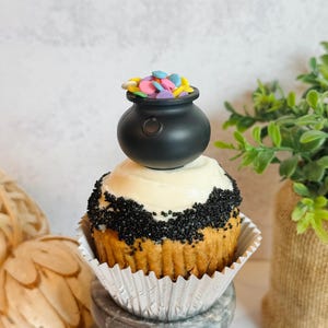May include: A decorated cupcake with white frosting, black sprinkles, and a black pot of gold topper. The cupcake sits in a silver foil liner. A small green plant and decorative spheres are in the background.