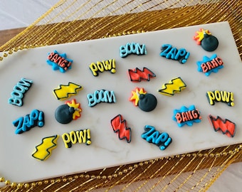 SUPERHERO COMIC BOOK Action Assortment - 12 or 24 Pieces Cupcake / Cake Toppers Edible Royal Icing -  Pow, Bang, Zap, Boom, Bomb