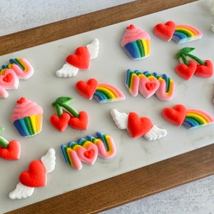 RAINBOW VALENTINE PARTY Edible Sugar Decorations - 12 or 20 Pieces - for Valentines Day Cakes or Cupcakes