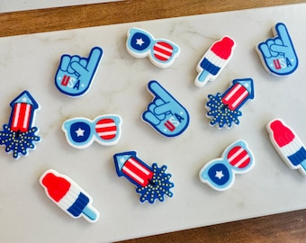 4th of July Patriotic Party Assortment - 12 Pieces Cupcake or Cake Toppers Edible Sweet Decorations - Firecracker, Popsicle, Sunglasses, USA