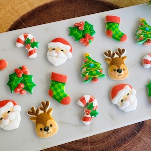 May include: A collection of Christmas-themed decorations, including Santa faces, reindeer heads, candy canes, holly sprigs, Christmas trees, and stockings. The decorations are in red, green, white, and brown colors, arranged on a white surface.