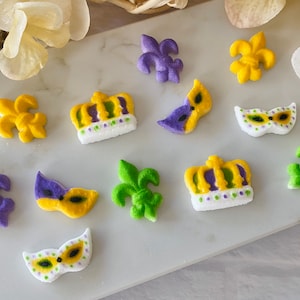 MARDI GRAS PARTY Assortment Edible Sugar Cupcake or Cake Toppers - Crown, Masks, Fleur De Lis