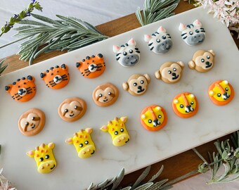 JUNGLE ANIMALS SAFARI Zoo Assortment - 12 or 24 Pieces Cupcake / Cake Toppers Edible Royal Icing, Zebra, Lion, Tiger, Monkey, Giraffe, Sloth