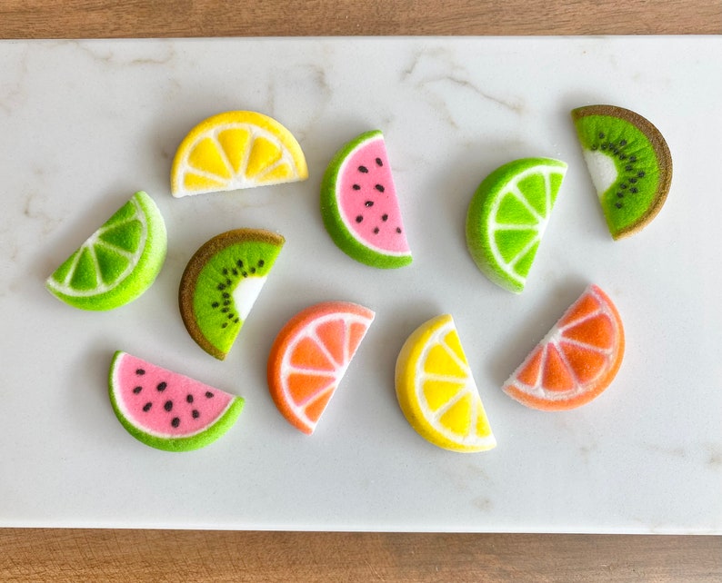 EDIBLE SUGAR FRUIT Slice 20 Pieces Cupcake or Cake Toppers by Lucks Watermelon, Lime, Lemon, Kiwi, Orange for Summer, Fruit-Themed Party image 3
