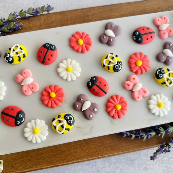 SPRINGTIME BEES, LADYBUG, Butterflies & Daisy Flower Assortment - 12 or 24 Pieces Cupcake / Cake Toppers Edible Royal Icing