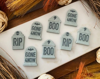 TOMBSTONE R.I.P., Gone4Now, Boo Assortment Edible Sugar - 12 Pieces Cupcake or Cake Decorations for Halloween Parties