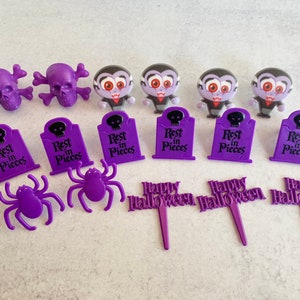 PURPLE HAPPY HALLOWEEN Assortment Dracula, Skull, Tomb, Spider Cupcake Topper Rings & Picks 18 Pieces image 3
