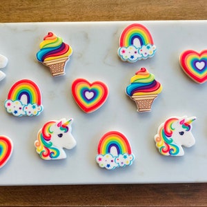 UNICORN and RAINBOW COLLECTION Edible Sweet Decorations - 12 Pieces Cupcake or Cake Toppers - Unicorn, Rainbow, Ice Cream Cone and Heart