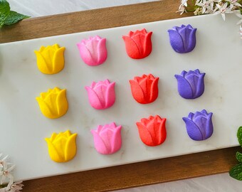 TULIP FLOWERS Edible Sugar Decorations - 12 Pieces Cupcake or Cake Toppers - Spring, Mother's Day Floral Decorations