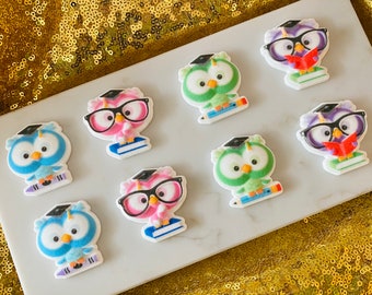 GRADUATION OWLS Assortment Edible Sugar Decorations - 12 Pieces Cupcake or Cake Toppers