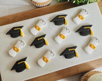 GRADUATION HAT and SCROLL Edible Sugar Decorations - 12 Pieces Cupcake or Cake Toppers