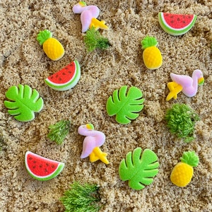 TROPICAL SUMMER EDIBLE Sugar (12 Pieces)  Cupcake or Cake Toppers - Flamingo, Palm Leaf, Watermelon, Pineapple for Luau Summer Party