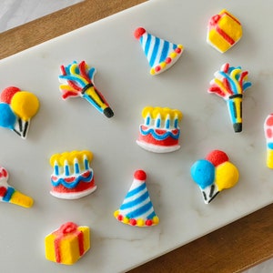 HAPPY BIRTHDAY MINI Icons Assortment- 12 or 24 Pieces Edible Sugar Decorations - Birthday Hats, Presents, Cake, Balloons, Party Blowers