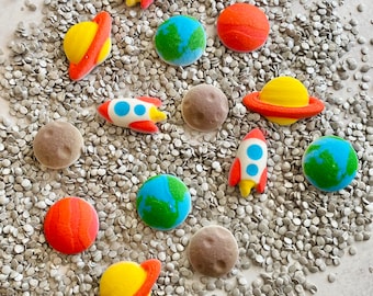 OUTER SPACE Edible Sugar Planets (20 Pieces)  Cupcake or Cake Toppers by Lucks - Earth, Rocket Ship, Moon, Mars, and Saturn Decorations