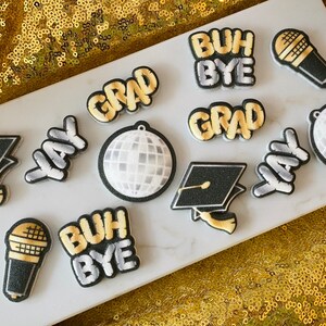 GRADUATION PARTY Assortment Edible Sugar Decorations - 12 Pieces Cupcake or Cake Toppers - Graduation Hat, Microphone, Party Ball