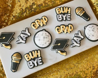 GRADUATION PARTY Assortment Edible Sugar Decorations - 12 Pieces Cupcake or Cake Toppers - Graduation Hat, Microphone, Party Ball