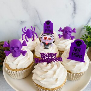 PURPLE HAPPY HALLOWEEN Assortment Dracula, Skull, Tomb, Spider Cupcake Topper Rings & Picks 18 Pieces image 2