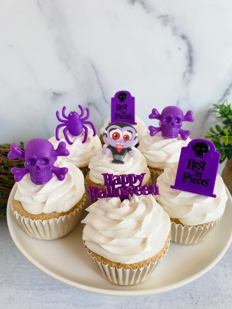 PURPLE HAPPY HALLOWEEN Assortment Dracula, Skull, Tomb, Spider Cupcake Topper Rings & Picks 18 Pieces image 2