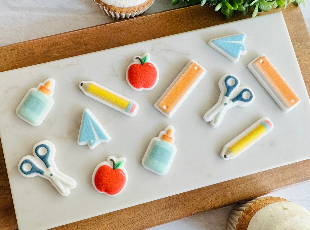 SCHOOL ESSENTIALS Back to School - Edible Sugar Decorations - 12 Pieces ...