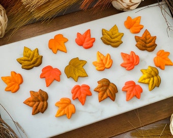 FALL AUTUMN LEAVES Assortment Edible Sugar Decorations Cupcake or Cake Toppers - 12 or 24 Pieces for Fall, Thanksgiving or Halloween Party