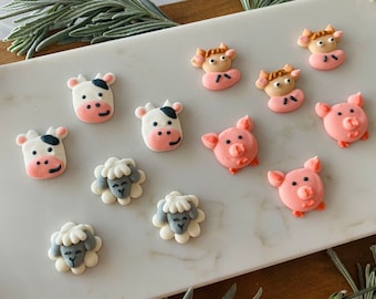 FARM ANIMALS BARNYARD Assortment - 12 or 24 Pieces Cupcake / Cake Toppers Edible Royal Icing -  Cow, Bull, Pig & Sheep, Barn Animals