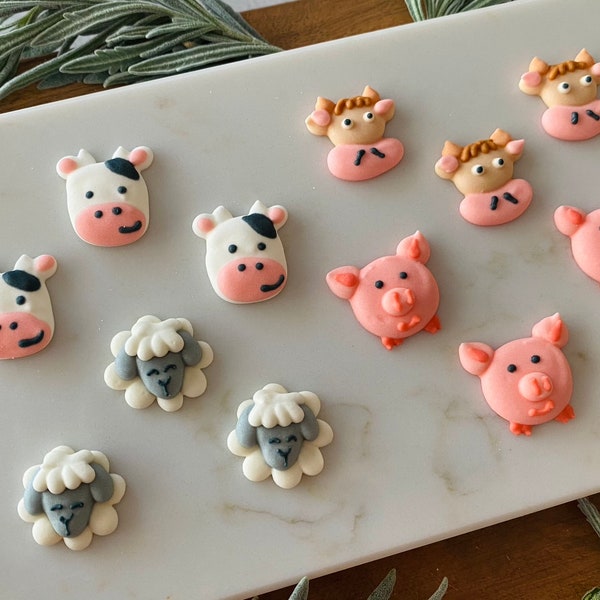 FARM ANIMALS BARNYARD Assortment - 12 or 24 Pieces Cupcake / Cake Toppers Edible Royal Icing -  Cow, Bull, Pig & Sheep, Barn Animals