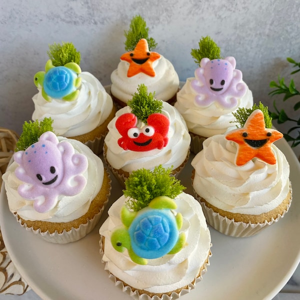 UNDER THE SEA Animals Edible Sugar (12 Pieces)  Cupcake or Cake Toppers by Lucks - Octopus, Turtle, Starfish and Crab for Birthday Parties