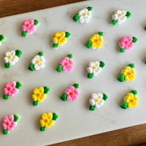 MINI FLOWERS with LEAVES Assortment - 24 Pieces Edible Sugar Decorations - for Summer, Spring, Luau, Birthday Parties and more
