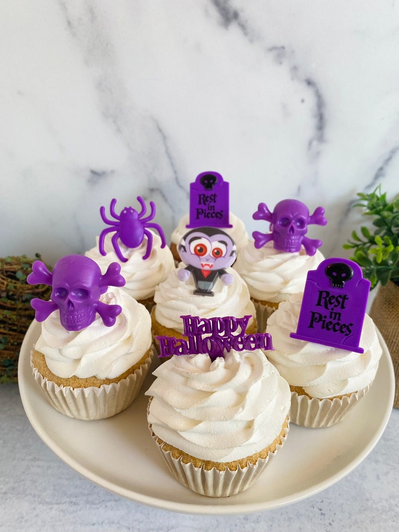 PURPLE HAPPY HALLOWEEN Assortment Dracula, Skull, Tomb, Spider Cupcake Topper Rings & Picks 18 Pieces image 1