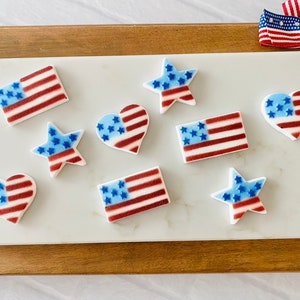 PATRIOTIC AMERICAN FLAG Edible Sugar Decorations - 12 Pieces Cupcake or Cake Toppers -for 4th of July, Memorial Day, Patriotic Theme Parties