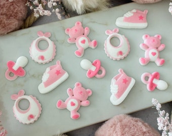 GIRL BABY SHOWER Edible Sugar Decorations - 12 Pieces Cupcake or Cake Toppers - Bib, Teddy Bear, Baby Shoes, Pacifier Decorations