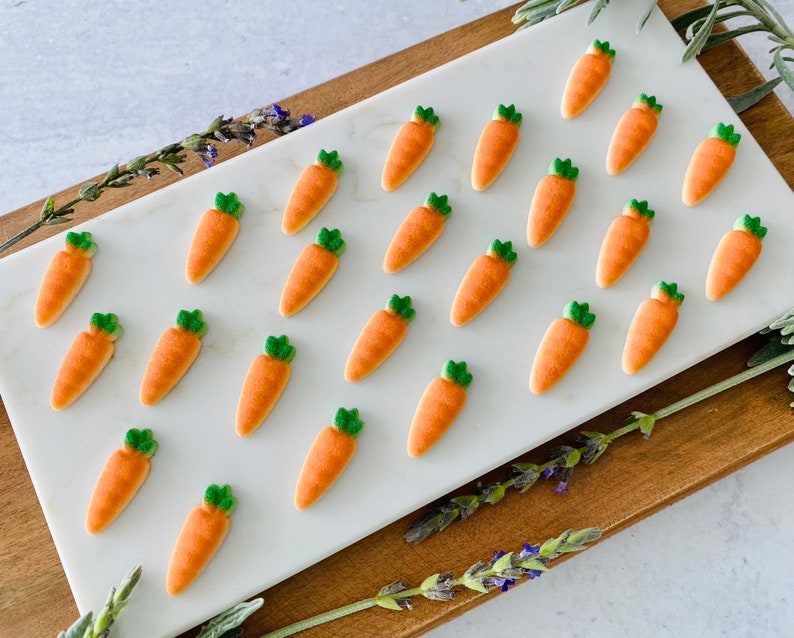 CARROTS Edible Sugar Decorations 12 or 24 Pieces Cupcake or Cake Toppers for Easter, Birthdays or Spring Themed Party Decorations image 1