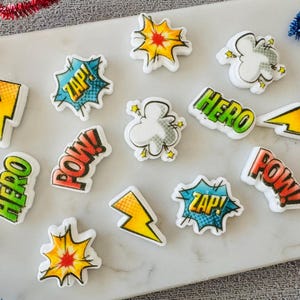 SUPERHERO ASSORTMENT EDIBLE Sugar 12 or 24 Pieces Cupcake or Cake Toppers -  for Desserts, Birthdays, Super Hero Themed Party