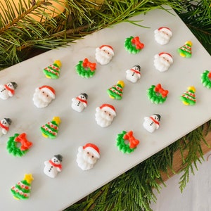 CHRISTMAS CHARMS MINI Edible Sugar Cupcake or Cake Toppers Assortment - 24 Pieces - Wreath, Christmas Tree, Snowman & Santa