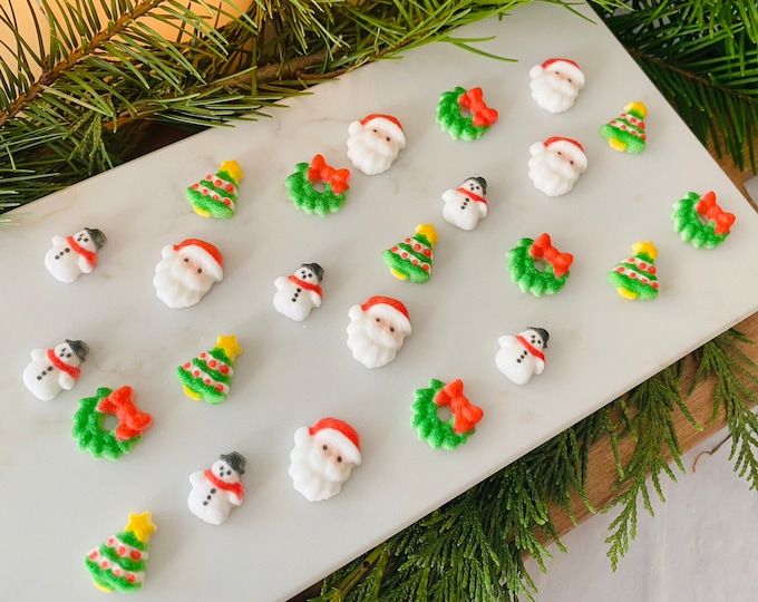 CHRISTMAS CHARMS MINI Edible Sugar Cupcake or Cake Toppers Assortment - 24 Pieces - Wreath, Christmas Tree, Snowman & Santa