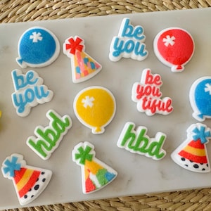 BIRTHDAY HATS, BALLOONS and Sayings - 12 or 24 Pieces Edible Sugar Cupcake or Cake Toppers