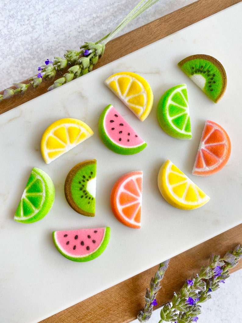 EDIBLE SUGAR FRUIT Slice 20 Pieces Cupcake or Cake Toppers by Lucks Watermelon, Lime, Lemon, Kiwi, Orange for Summer, Fruit-Themed Party image 1