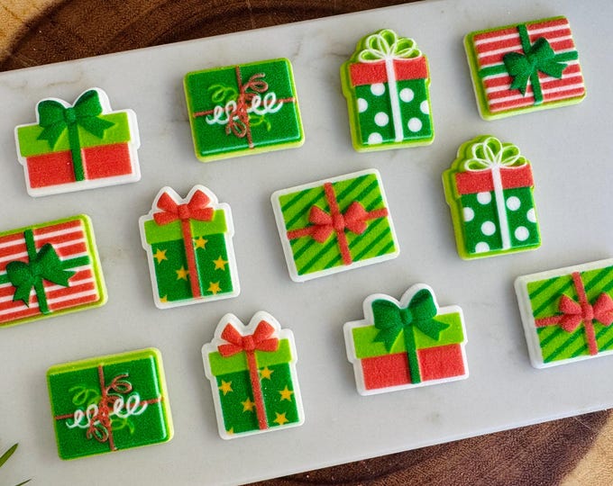 HOLIDAY GIFTS Edible Sugar Decorations - 12 Pieces Cake or Cupcake Toppers - Christmas Presents