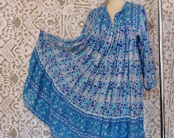 Blue and White Floral Indian Gauze Cotton Tent Dress