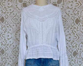 White Cotton and Crochet Lace  Peplum Waist Blouse