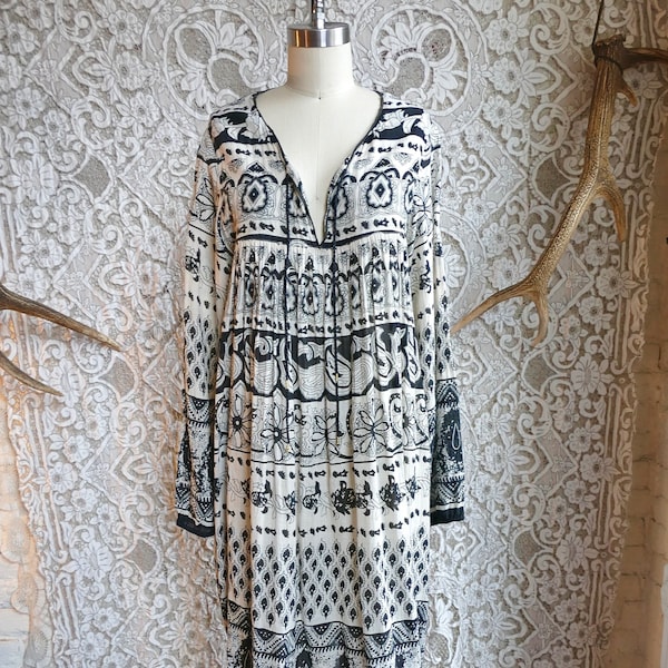 Schwarz und Weisses indisches Gaze Kleid aus Baumwolle
